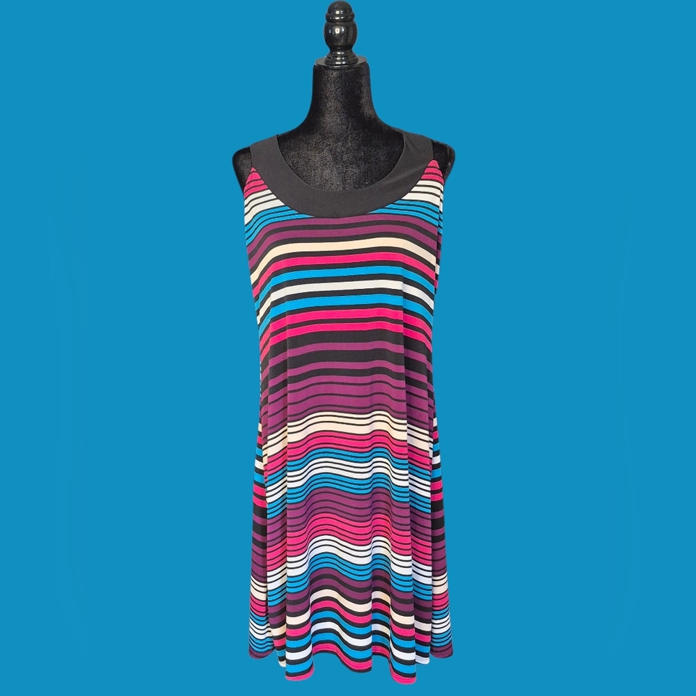 Ellen Parker Women's Colorful Striped Sleeveless A-Line Dress. Size Large